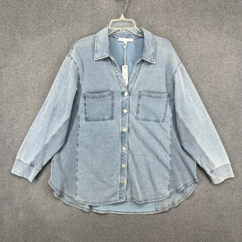 Jane + Delancey Shacket Womens 2X Blue Denim Knit Ribbed Side Panel Button Down